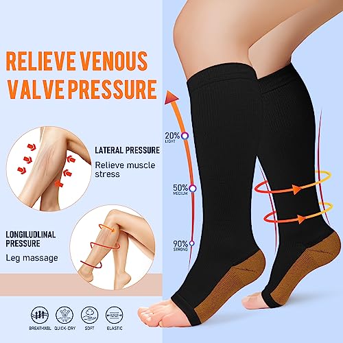 Copper Compression Socks for Men & Women 15-20mmHg Open Toe Support Black 3X-Large