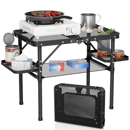 Titanker Small Folding Camping Grill Table with Black Mesh & Storage Net - Portable 2ft Picnic Table with Side Racks & Heatproof Mesh Top