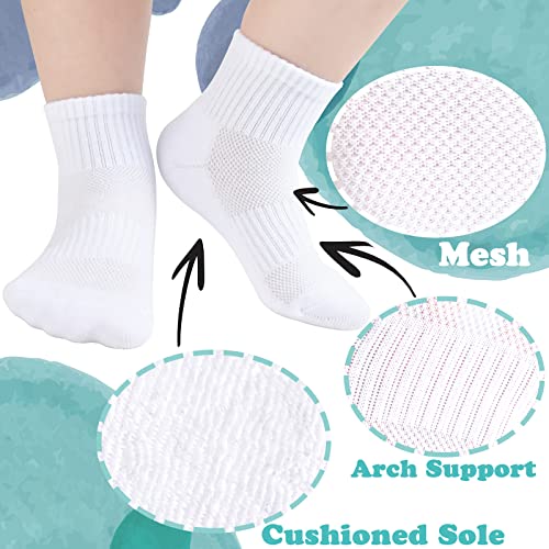 Kids Athletic Ankle Socks 6 Pairs - Breathable Cushioned Mesh Sports Socks, 7-10 Years, White