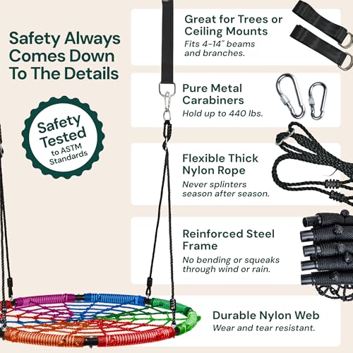 PlayVibe Multicolor Spider Web Tree Swing - 40 Inch Saucer, 440 lb Capacity