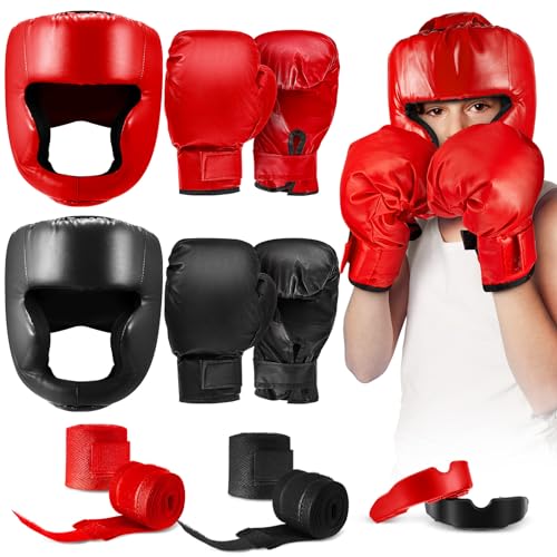 Kids Boxing Gear Set with Helmet Gloves Hand Wraps - Black & Red