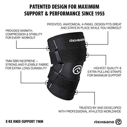 Rehband X-RX Knee Support with Straps, 1 piece, strong knee sleeve 7mm neoprene for heavyweight workouts, weightlifting & strongman, Colour:Black, Size:Medium
