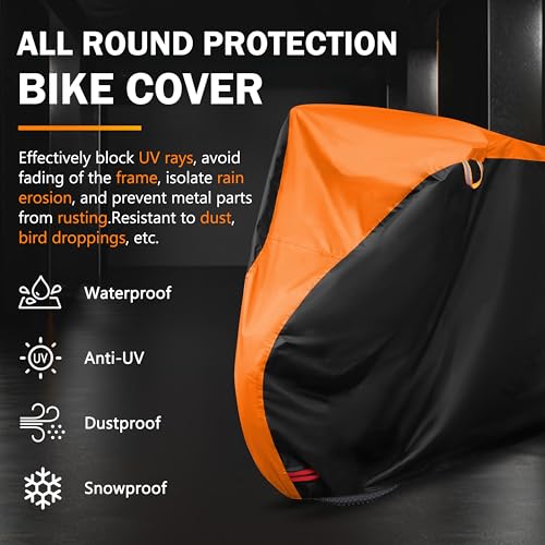 Outdoor Waterproof Bike Cover 79x27.5x44 Inches with Lock Holes & Storage Bag - Black & Orange