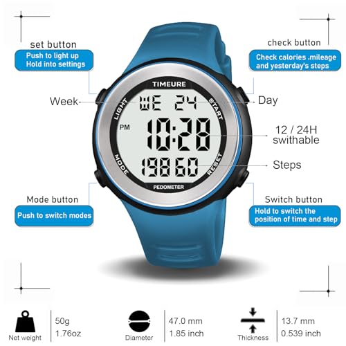 Men's Pedometer Watch for Walking Step Counter No Charging No App Black TIMEURE-2308