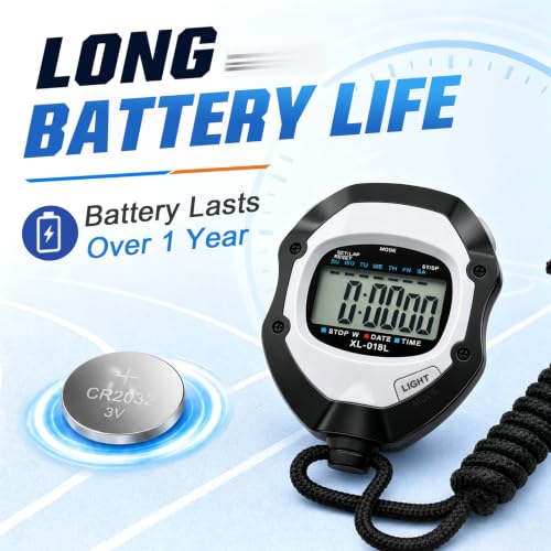 Therivo Black Digital Sports Stopwatch Timer with Large Backlit Display - Lap, Split, 12/24H, Alarm, Calendar for Coaches & Athletes