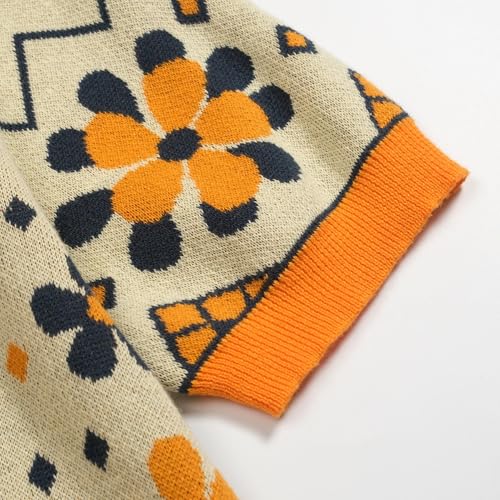 OXKNIT Women's Vintage Cat Pattern Knit Polo Shirt - Orange XXL Short Sleeve