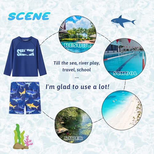 Boy Rash Guard Sun Protection Long Sleeve Swimsuit 3-12Y - Navy Shark Letter, 9-10 Years
