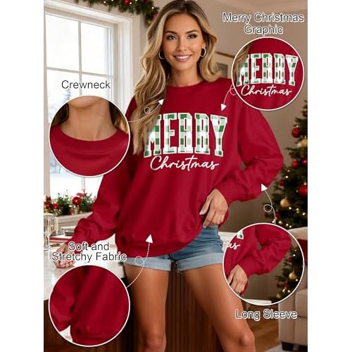 OUNAR Christmas Shirts For Women Merry Christmas Graphic Sweatshirt Christmas Crewneck Long Sleeve Xmas Holiday Pullover Tops