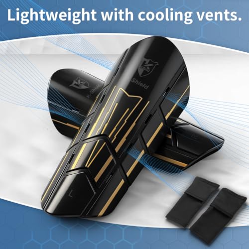 Kids Youth Adults Soccer Shin Guards with Sock Sleeves Black Golden M Size 4'7"-5'3"