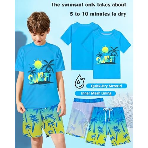 Boys Two Piece Rash Guard Swimsuits Sets Kids Short Sleeve Swim Shirts Bathing Suit with Swim Trunks Swimwear Set