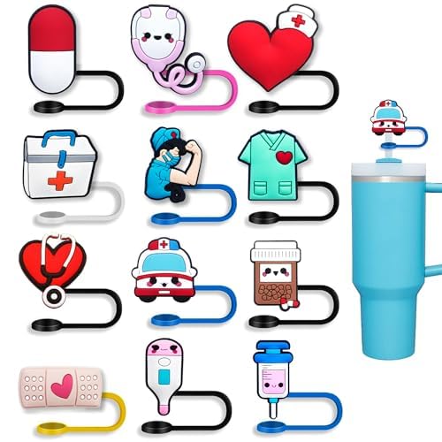 Nurse Straw Covers Cap 12 Pcs for Stanley Cup 30&40 Oz, Tumbler, Water Bottle Silicone Straw Toppers Fit 10mm Reusable Straws, Cute Nurse Gifts