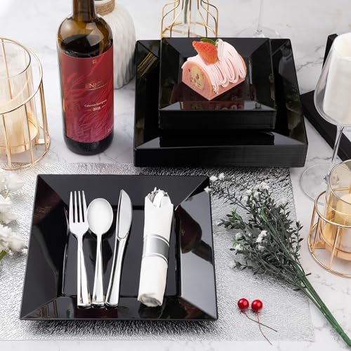 Black Square Plastic Plates Set 100 Pack - 9.5" & 6.5" Disposable Dinnerware