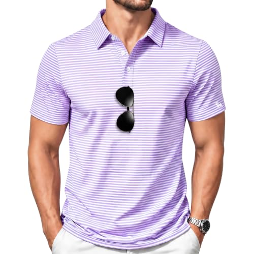 X-Large Purple Striped Men’s Golf Polo Shirt Short Sleeve Collared T-Shirt
