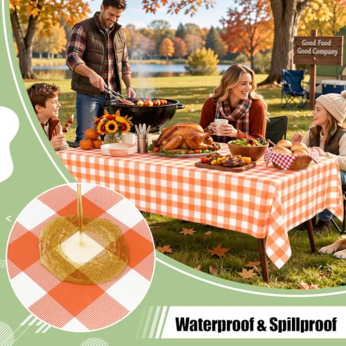 Orange and White Buffalo Gingham Plastic Disposable Table Cloth 54 x 108 Inches - 12 Pack