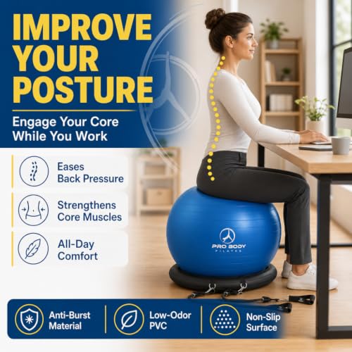 ProBody Pilates Yoga Ball Chair with Resistance Bands - Blue, 75 cm