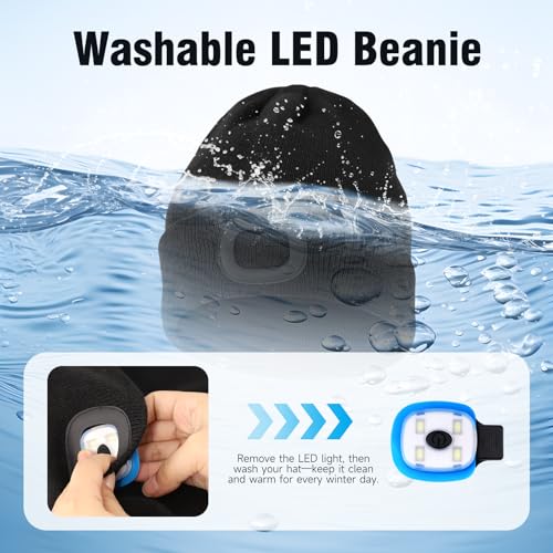 Unisex Beanie Hat with LED Light, USB Rechargeable Headlamp Caps, Windproof Warm Knit hat for Adults, 3 Brightness Modes for Fishing, Camping, Hiking Black