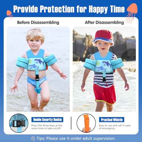 MoKo 13-20-30lbs Toddler Floaties Arm Floaties, Toddler Swim Vest Cartoon Swim Arm Band for Kids with Crotch Strap Pool Float Vests Sleeves Shoulder Straps Learn to Swim, Lignt Blue & Double Shark