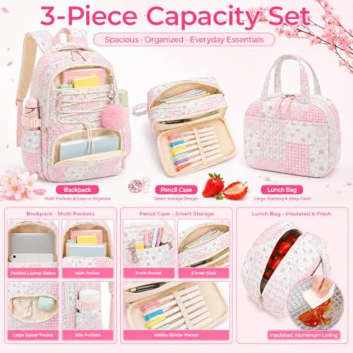 WOBAGMEN Pink Floral Patchwork Girls Backpack Set with Lunch Bag & Pencil Case - Medium, Quilted, 3-Piece School Bag