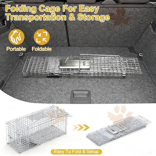 Humane Animal Trap Cage for Cats and Small Animals - Silver, 25.59x9.05x9.84 Inches - Folding Catch and Release Design