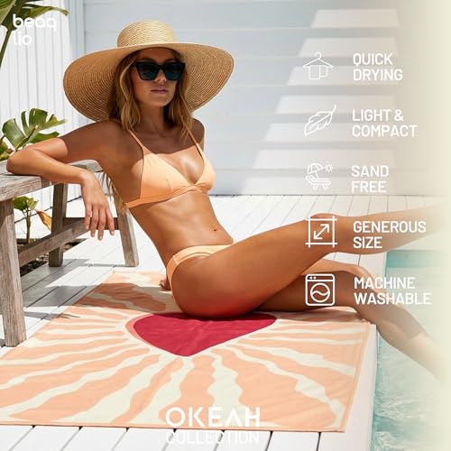 Boho Microfiber Beach Towel with Bag - Sandfree 71x36 Inch Coral