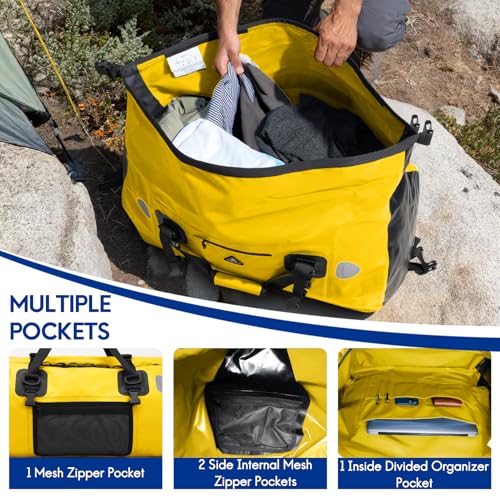 Yellow Waterproof 70L Duffel Bag with Quick-Release Mounting Straps