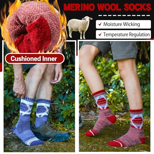 5 Pairs Merino Wool Hiking Socks Thermal Winter Warm Moisture Wicking Cushion Outdoor Socks for Women & Men