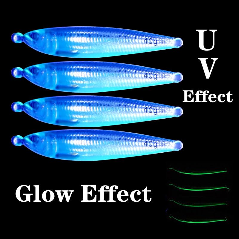 Feianoto Long Casting Slow Pitch Jig Lure Fishing UV Glow Jigs Metal Spoons 3D Print Falling Angler Metal Hard Bait Sinking Jigging Pesca Bait with Glow Hooks(1.4oz/40g, 4 pcs)