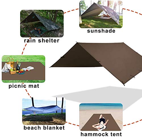 KALINCO Waterproof Camping Tarp Tent Hammock Rain Fly 13x13ft - Multi-Functional Shelter with Variations Coffee 4x4m