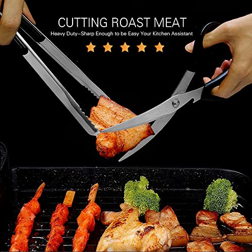 Kitchen Scissors and Tongs Set - Stainless Steel Meat and Vegetables Cutting, Non-slip Serrated Blade, 1 Shear + 2 Tongs