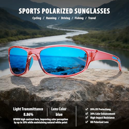 Polarized Sports Sunglasses for Men Women Wrap Around UV Protection - Pink Frame Blue Mirror Lens 62mm
