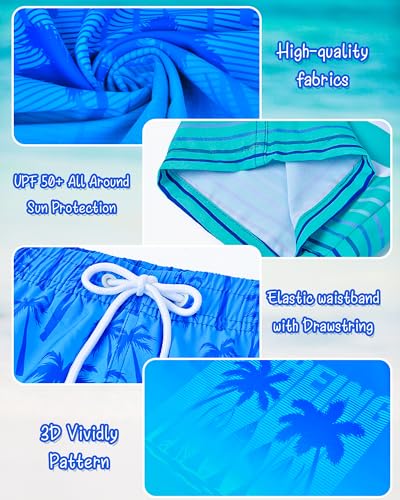 Boys Rash Guard and Swim Trunks Outfit Set - Blue Coconut Tree, 12-14 Years