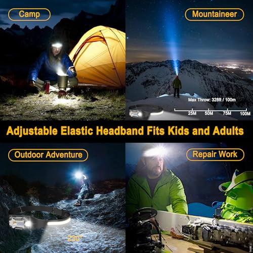 Head Lamp Led Rechargeable, 230¡Æ Wide Beam Sensing COB Headlamp Flashlight Detachable, 9 Light Modes, Hard Hat Lamp, IP65 Waterproof 400 Lumens for Camping, Hiking, Fishing, Working, Gift (Black)