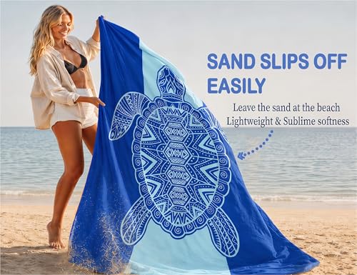 Blue Sea Turtle Beach Blanket Waterproof Sandproof with Stakes & Carry Bag