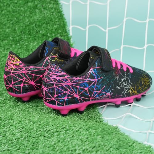 Kids Soccer Cleats for Girls - Firm Ground Football Shoes with Shin Guards & Socks, Size 13 Little Kid - Black Fuchsia