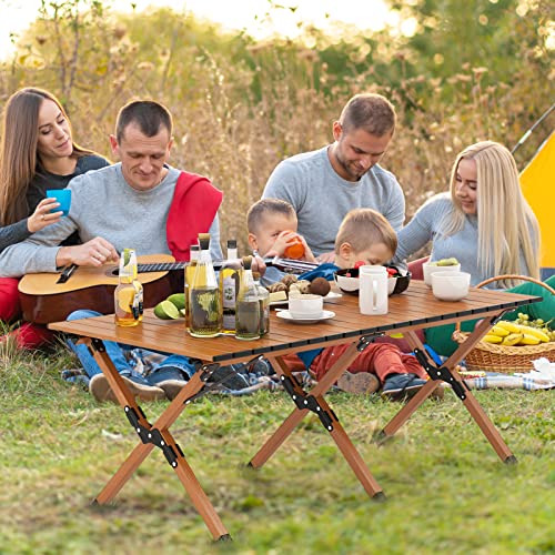 COSTWAY Folding Picnic Table, Roll-Up Aluminum Camping Table with Wood Grain, Portable Low Height Beach Table with Carry Bag for Camping, Picnic, BBQ & Hiking, Easy Assembly, Natural (47¡± x 23¡± x 18¡±)