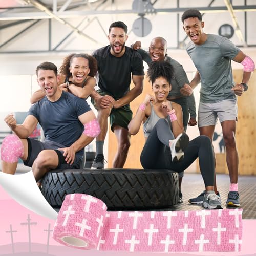 Geiserailie 12 Pack Christian Athletic Tapes 2 Inch x 5 Yards Self Adhesive Bandages Sports Wraps Breathable Elastic Wrap Non Woven Bandage for Wrist, Ankle, Baseball Football(Pink)