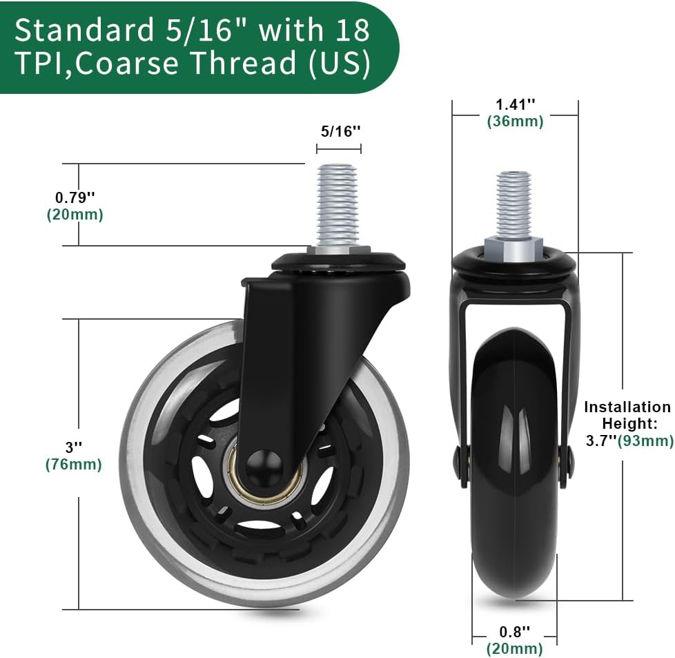 8T8 Office Chair Caster Wheels with 5/16''-18x1 Threaded Stem Caster, Heavy Duty 3" Replacement Rubber Office Chair Wheels for Smart Home Offices, Safe for Hardwood Tile Floors