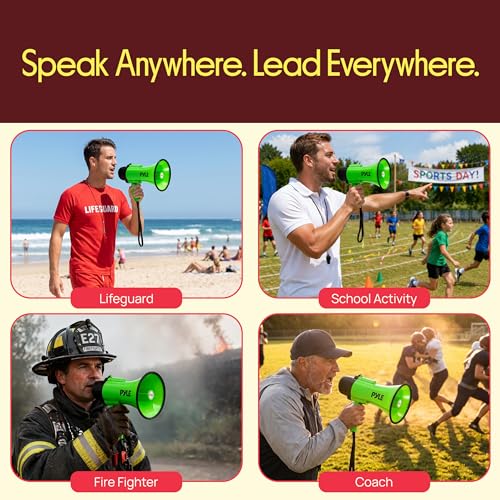 Pyle Rechargeable Green Megaphone with Siren & 30W Power, USB-C Fast Charging, 1200-Yard Voice Range for Crowd Control & Events