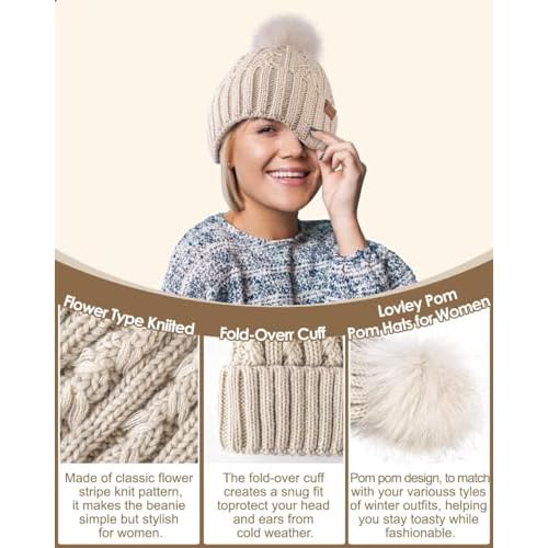 Winuesa Satin Lined Beanie for Women with Pom Pom, Fashionable Womens Winter Hats Silk Beanies, Cute Warm Knit Hat Skull Cap