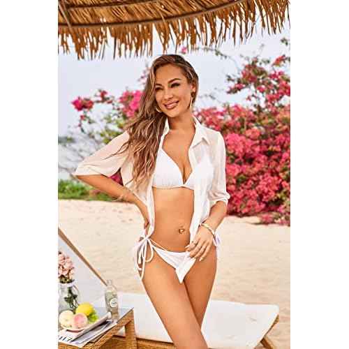 ZAFUL Women's Bikini Swimwear Cover Up Semi-Sheer V Neck Button Up Top Shirt Blouse Beachwear