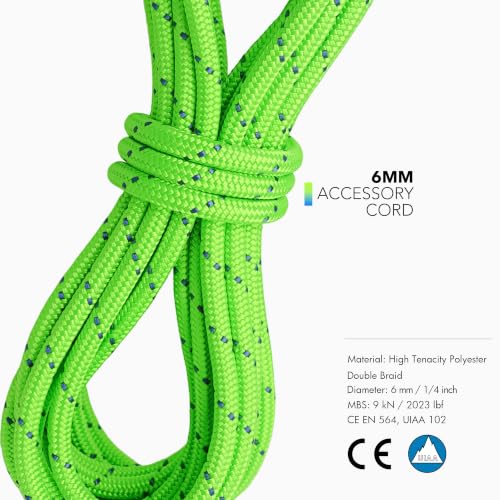 6mm Double Braid Climbing Accessory Cord Rope - Green, 20ft with Variation