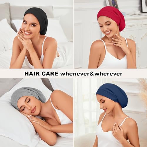 4Pcs Silk Satin Bonnets for Women Men, Adjustable Hair Wrap Slouchy Beanie Hat for Curly Hair