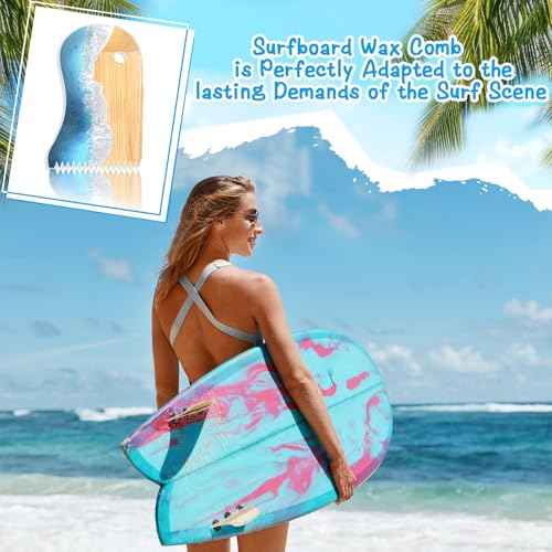 Surfboard Wax Comb Bamboo Surfboard Wax Scraper Surfboard Wax Removal Tool Surf Wax Comb with Hole Surfboard Accessories for Surfing Board Men Women Surfer Gift Ocean Wave Pattern