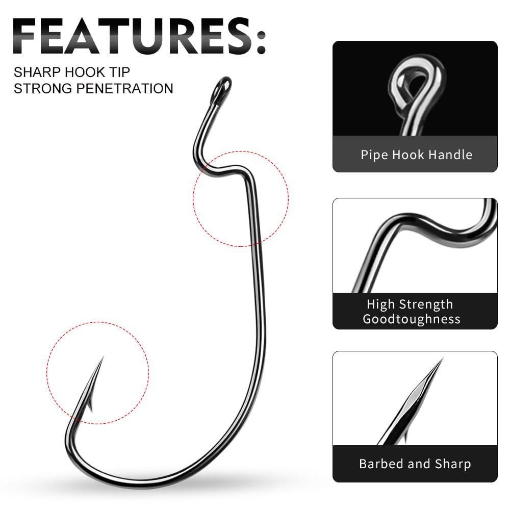 Fishing Hooks for Bass Fishing - 50pcs EWG Offset Worm Hook Texas Rig Hooks for Freshwater Saltwater Size 1/0 2/0 3/0 4/0 5/0 - Soft Lures Worms Plastics Bait Fishing Hook with Tackle Box