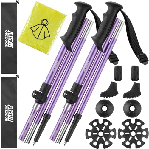 AISUNOUTDOOR Trekking Walking Hiking Poles or Sticks Aluminum Lightweight Collapsible for Men Women for Climbing 2 Pack Adjustable Gear with One Free Disposable Raincoat