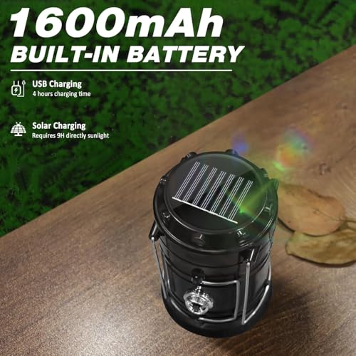 DIBMS 2-Pack Solar Camping Lantern & Emergency Flashlight - Black, Collapsible & Rechargeable