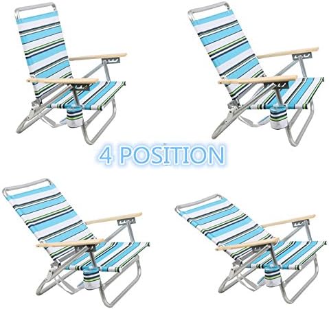 PORTAL Folding Camping Sand Beach Chair, Aluminum Lightweight 4 Positions Chair Recliner with Wood Armrest Cup Holder Carry Strap