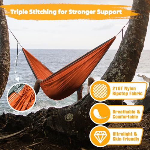 Ultra-Light Travel Camping Hammock Orange/Grey 275x140cm - 300kg Capacity
