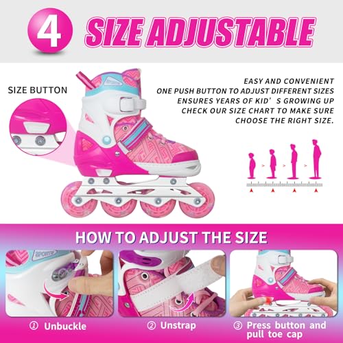 Kids Adjustable Inline Skates Pink Large US 5-8 with Light Up Wheels