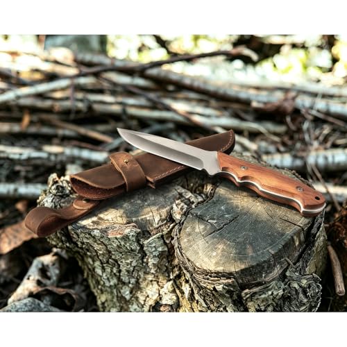 9.2 Inch Carbon Steel Fixed Blade Hunting Knife with Wooden Handle and Leather Sheath